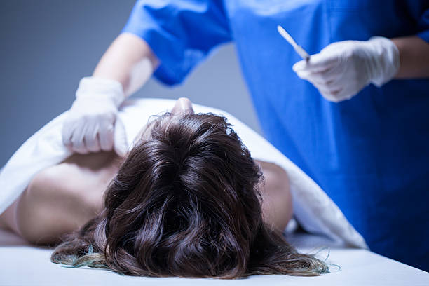 Closeup of dead woman lying in mortuary